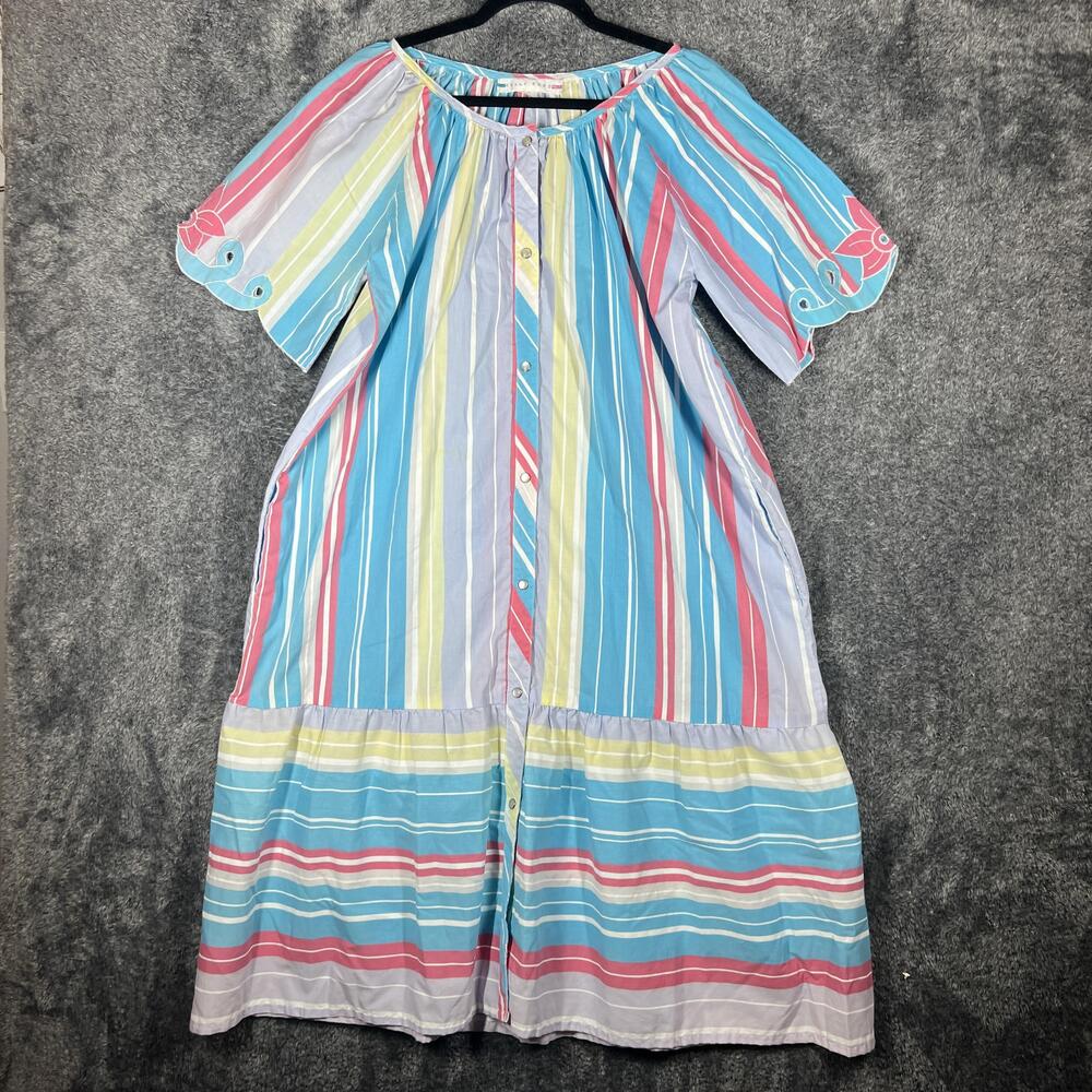 Kelly Reed Dress Womens L Blue Striped Midi Trapeze Swing Cotton Embroidered